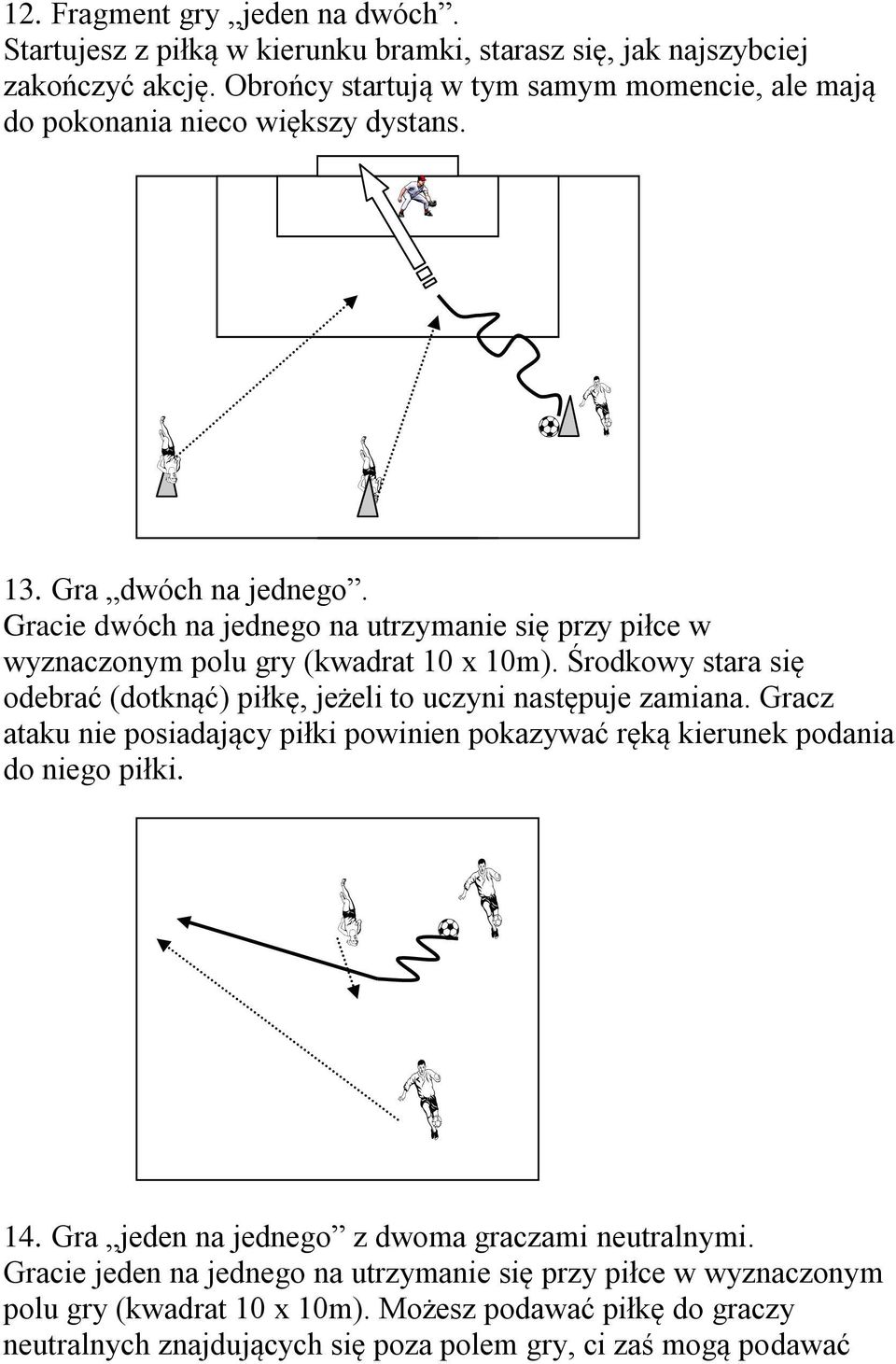 Gracie dwóch na jednego na utrzymanie się przy piłce w wyznaczonym polu gry (kwadrat 10 x 10m). Środkowy stara się odebrać (dotknąć) piłkę, jeżeli to uczyni następuje zamiana.