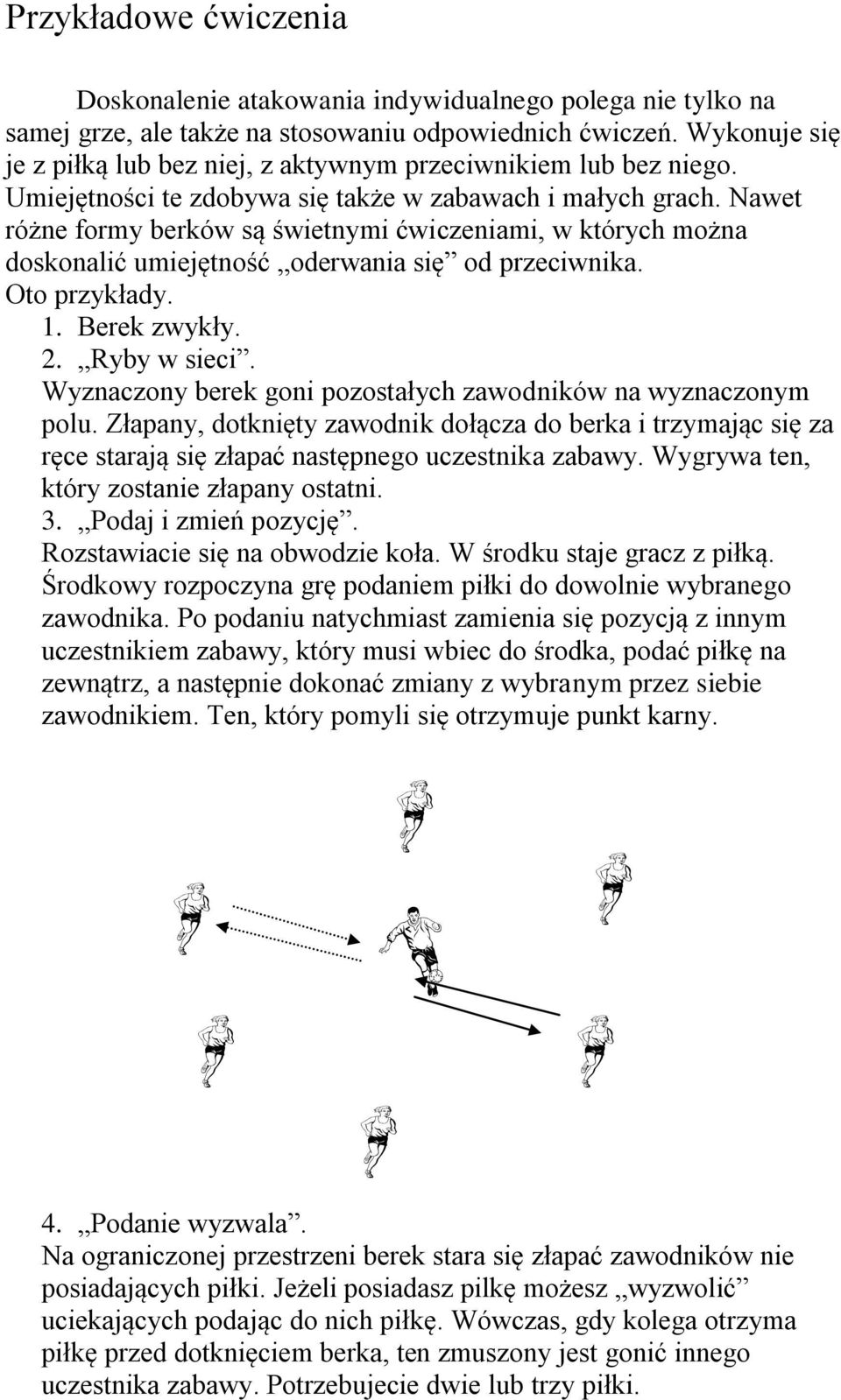 Nawet różne formy berków są świetnymi ćwiczeniami, w których można doskonalić umiejętność oderwania się od przeciwnika. Oto przykłady. 1. Berek zwykły. 2. Ryby w sieci.