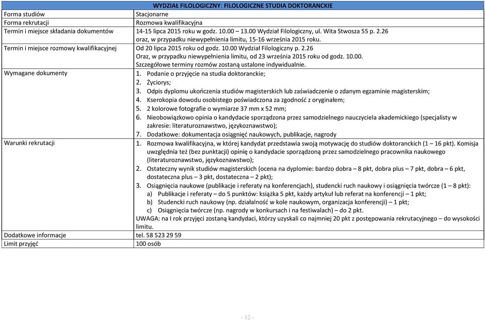 00 Wydział Filologiczny p. 2.26 Oraz, w przypadku niewypełnienia limitu, od 23 września 2015 roku od godz. 10.00. Szczegółowe terminy rozmów zostaną ustalone indywidualnie. 1. Podanie o przyjęcie na studia doktoranckie; 2.