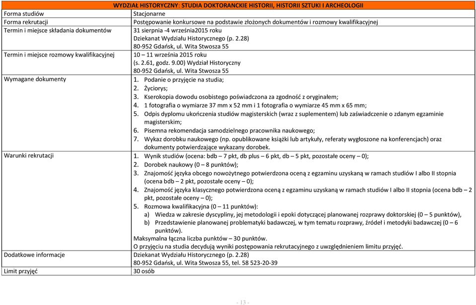 Wita Stwosza 55 Termin i miejsce rozmowy kwalifikacyjnej 10 11 września 2015 roku (s. 2.61, godz. 9.00) Wydział Historyczny 80-952 Gdańsk, ul. Wita Stwosza 55 1. Podanie o przyjęcie na studia; 2.