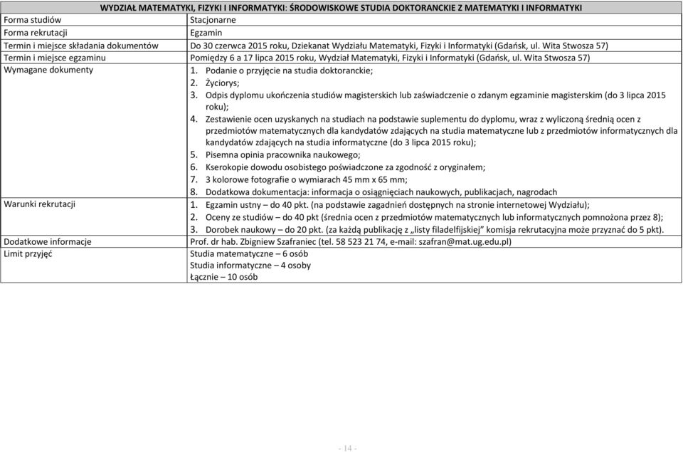 Wita Stwosza 57) 1. Podanie o przyjęcie na studia doktoranckie; 2. Życiorys; 3.