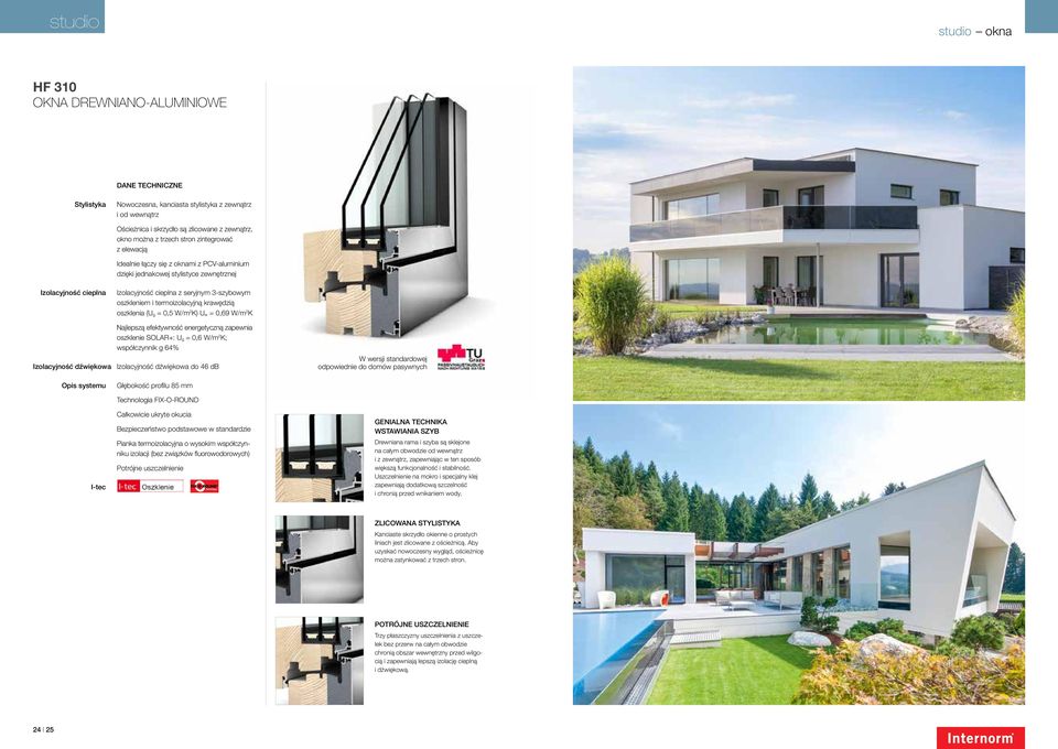 termoizolacyjną krawędzią oszklenia (U g = 0,5 W/m 2 K) U w = 0,69 W/m 2 K Najlepszą efektywność energetyczną zapewnia oszklenie SOLAR+: U g = 0,6 W/m 2 K; współczynnik g 64% Izolacyjność dźwiękowa