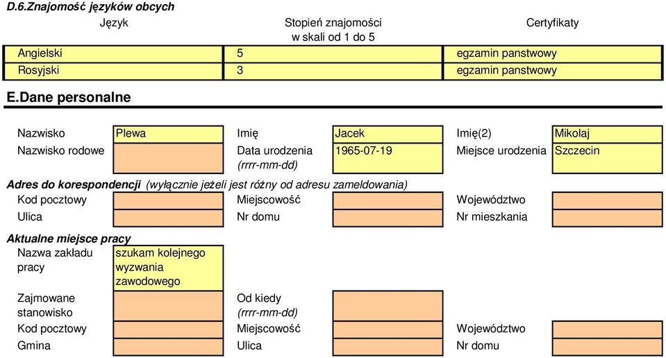 Mikolaj Nazwisko rodowe Data urodzenia (rrrr-mm-dd) 1965-07-19 Miejsce urodzenia Szczecin Adres do korespondencji (wyłącznie jeżeli jest różny od