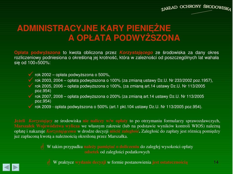 1957), rok 2005, 2006 opłata podwyższona o 100%, (za zmianą art.14 ustawy Dz.U. Nr 113/2005 poz.954) rok 2007, 2008 opłata podwyższona o 200% (za zmianą art.14 ustawy Dz.U. Nr 113/2005 poz.954) rok 2009 - opłata podwyższona o 500% (art.