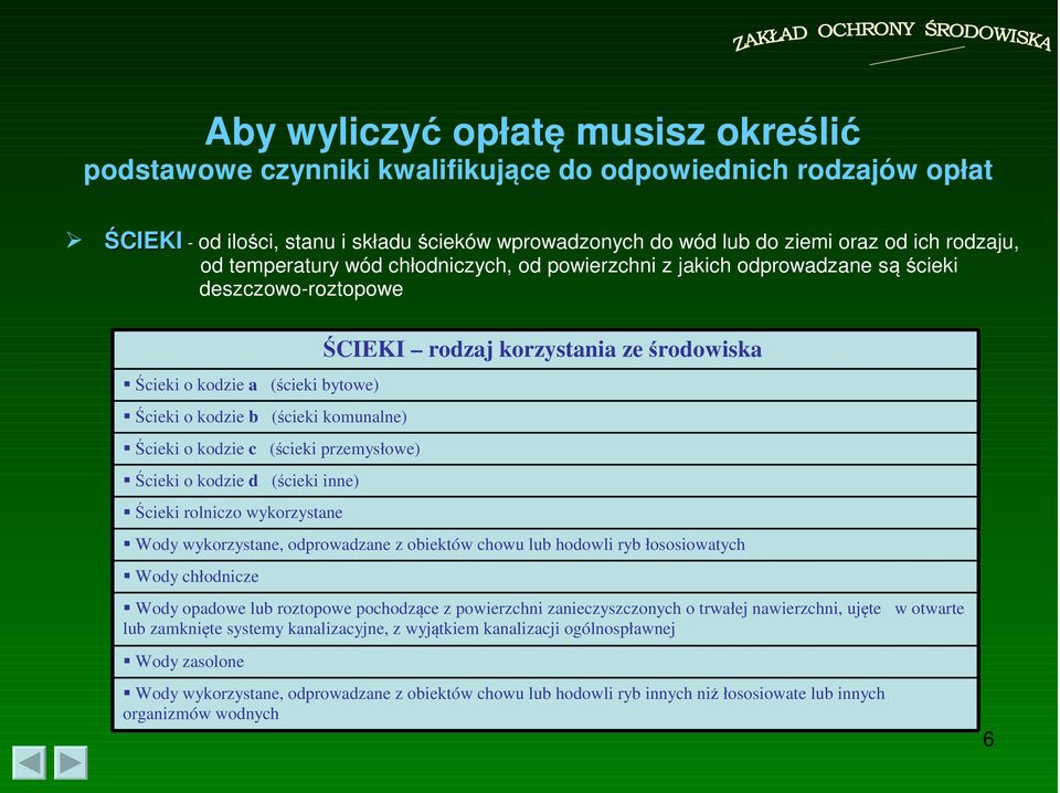 przemysłowe) Ścieki o kodzie d (ścieki inne) Ścieki rolniczo wykorzystane ŚCIEKI rodzaj korzystania ze środowiska Wody wykorzystane, odprowadzane z obiektów chowu lub hodowli ryb łososiowatych Wody