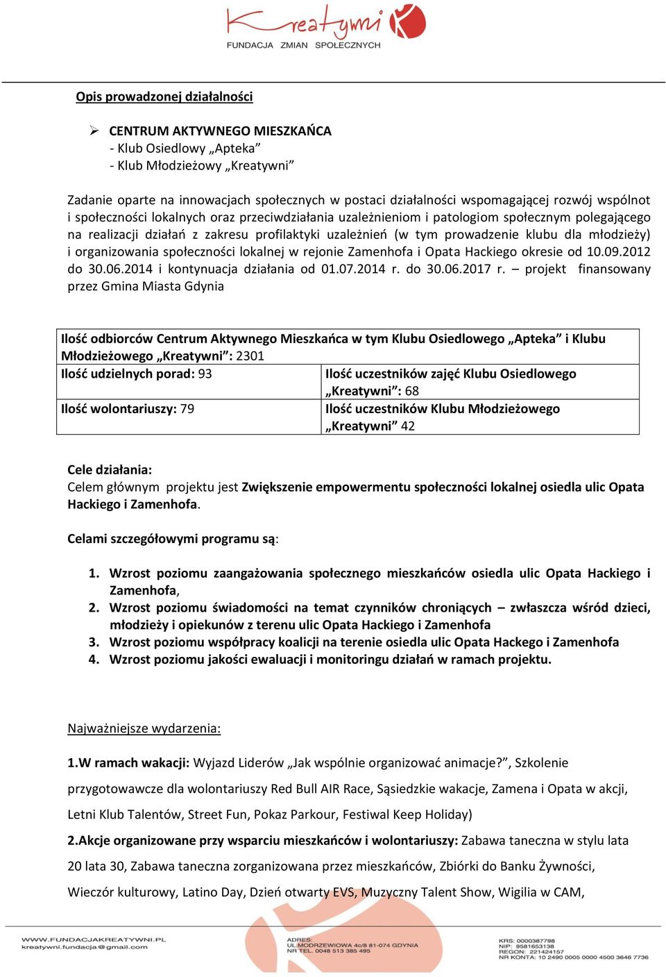 młodzieży) i organizowania społeczności lokalnej w rejonie Zamenhofa i Opata Hackiego okresie od 10.09.2012 do 30.06.2014 i kontynuacja działania od 01.07.2014 r. do 30.06.2017 r.