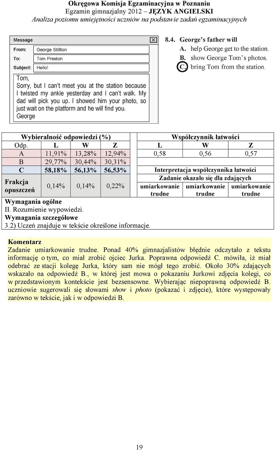 mówiła, iż miał odebrać ze stacji koleg ę Jurka, który sam nie mógł t ego zrobić. Około 30% zdających wskazało na odpowiedź B.