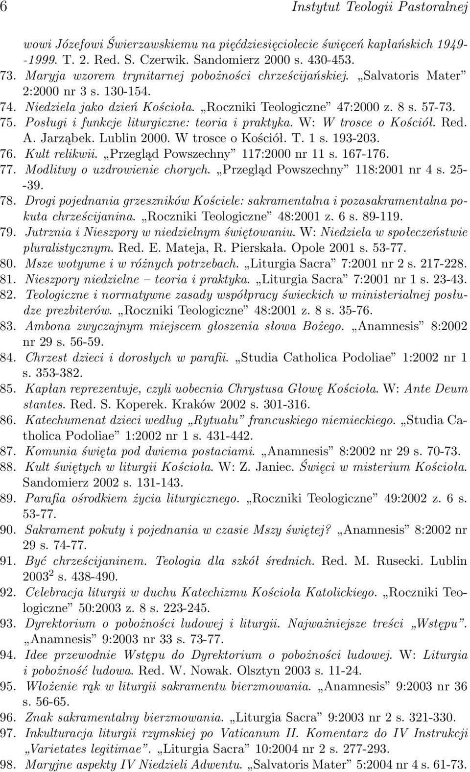 Posługi i funkcje liturgiczne: teoria i praktyka. W: W trosce o Kościół. Red. A. Jarząbek. Lublin 2000. W trosce o Kościół. T. 1 s. 193-203. 76. Kult relikwii. Przegląd Powszechny 117:2000 nr 11 s.
