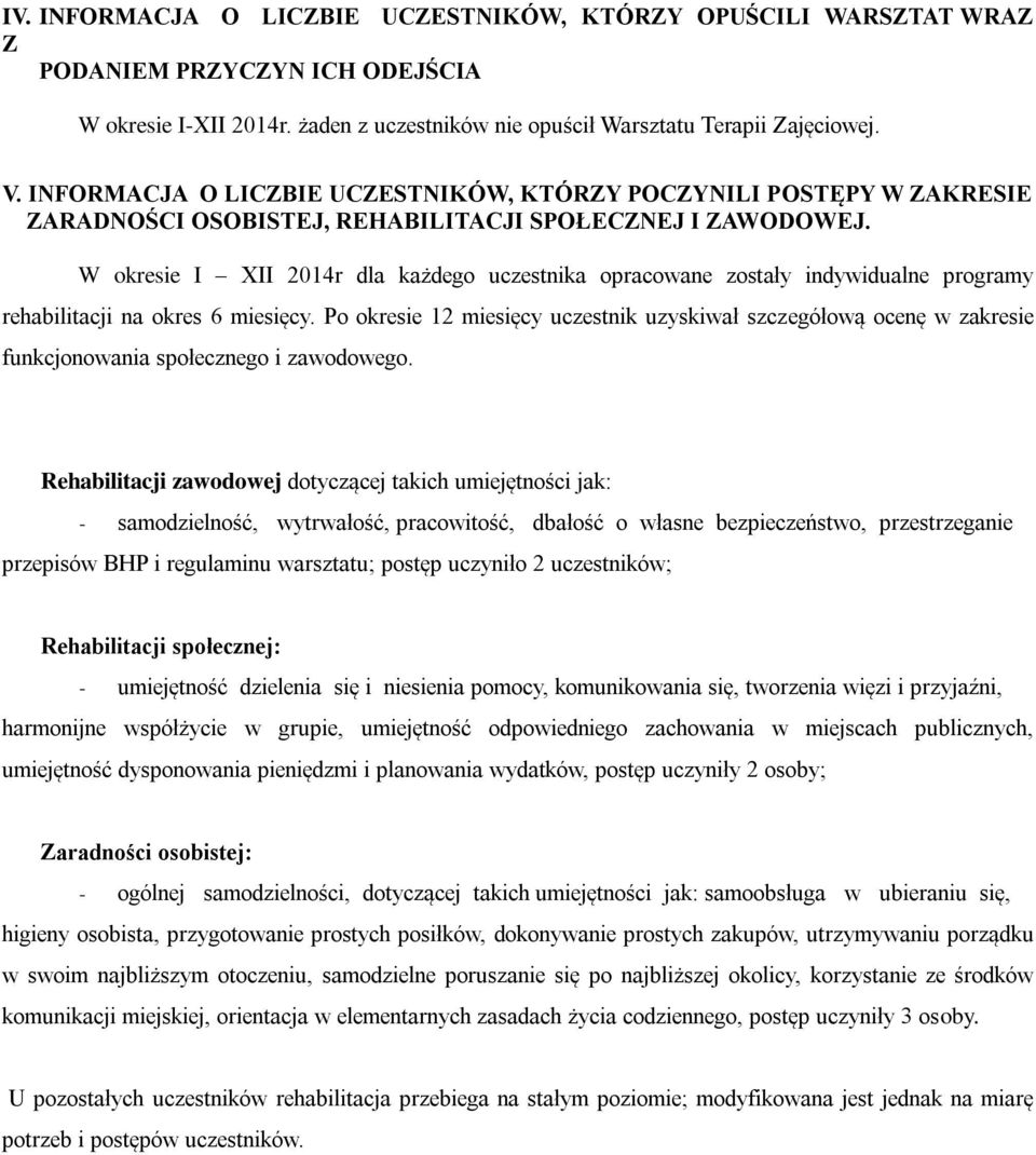 W okresie I XII 2014r dla każdego uczestnika opracowane zostały indywidualne programy rehabilitacji na okres 6 miesięcy.