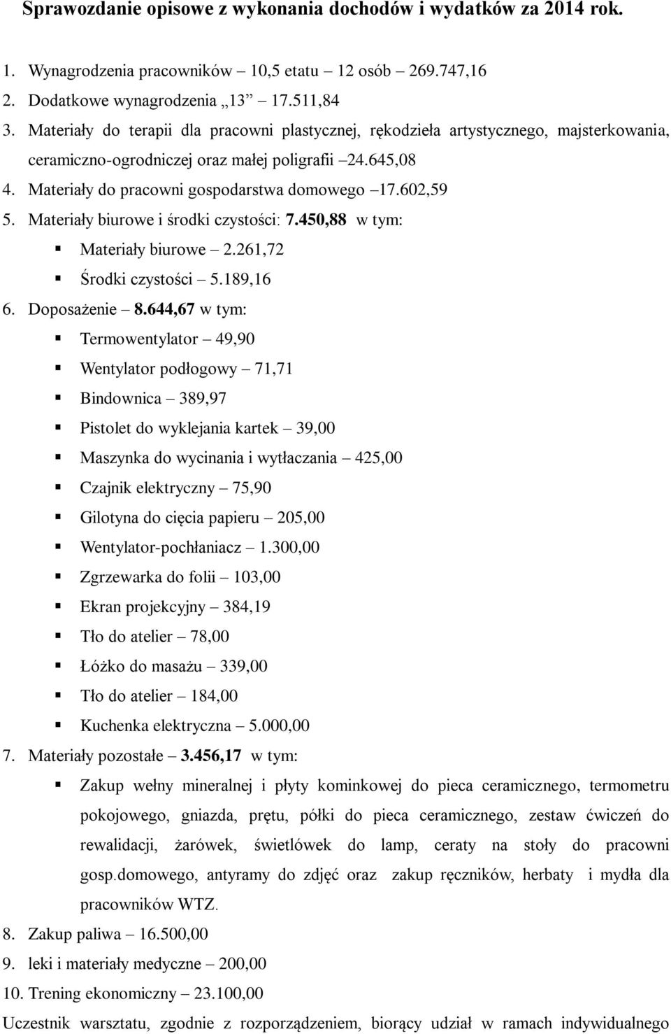 602,59 5. Materiały biurowe i środki czystości: 7.450,88 w tym: Materiały biurowe 2.261,72 Środki czystości 5.189,16 6. Doposażenie 8.