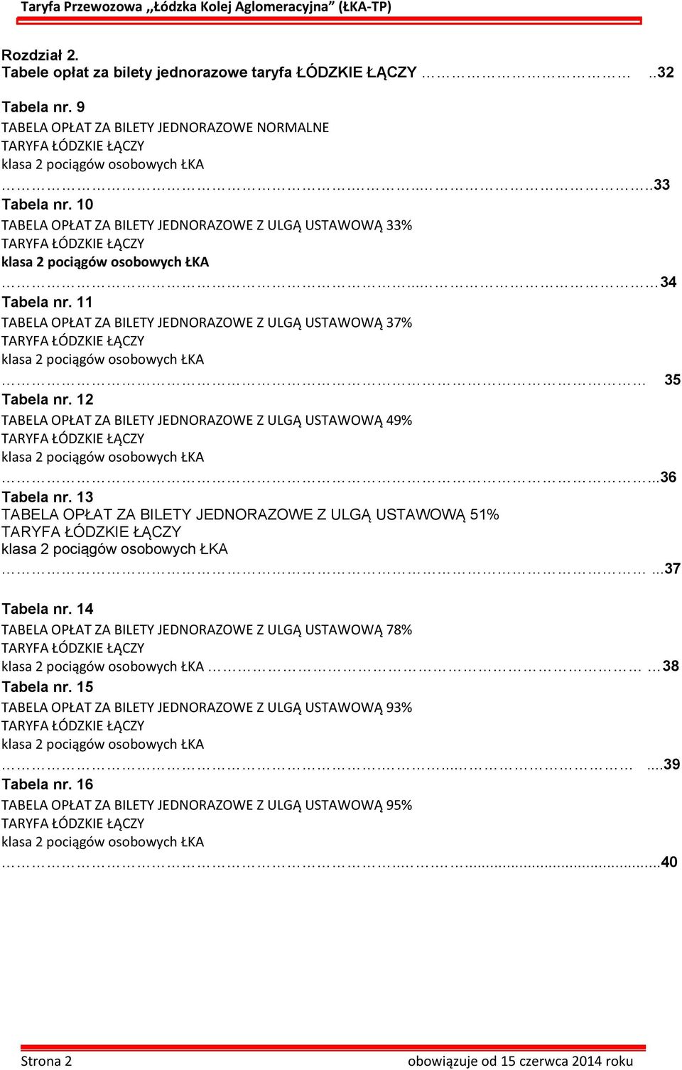 12 TABELA OPŁAT ZA BILETY JEDNORAZOWE Z ULGĄ USTAWOWĄ 49% TARYFA ŁÓDZKIE ŁĄCZY klasa 2 pociągów osobowych ŁKA...6 Tabela nr.