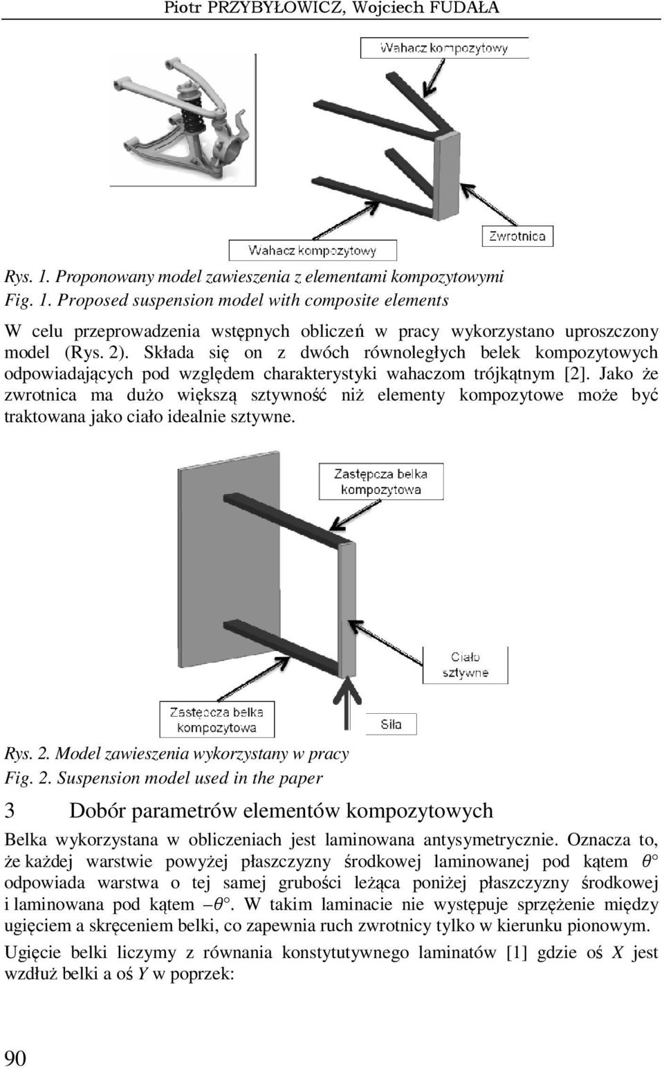 Jako że zwrotnica ma dużo większą sztywność niż elementy kompozytowe może być traktowana jako ciało idealnie sztywne. Rys.. Model zawieszenia wykorzystany w pracy Fig.