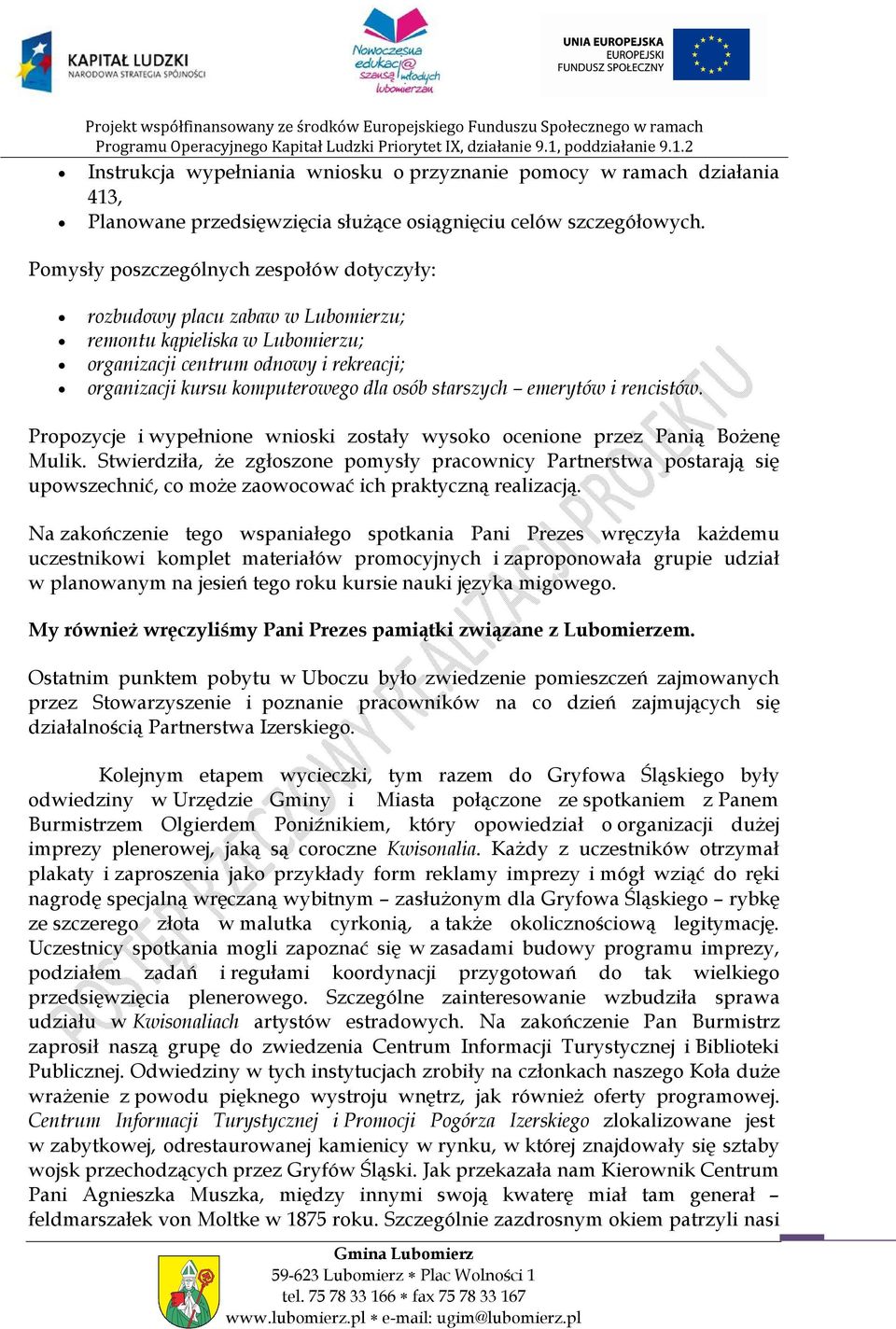 Pomysły poszczególnych zespołów dotyczyły: rozbudowy placu zabaw w Lubomierzu; remontu kąpieliska w Lubomierzu; organizacji centrum odnowy i rekreacji; organizacji kursu komputerowego dla osób
