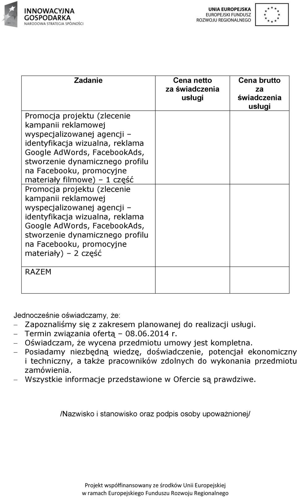 Facebooku, promocyjne materiały) 2 część RAZEM Cena netto za Cena brutto za Jednocześnie oświadczamy, że: Zapoznaliśmy się z zakresem planowanej do realizacji. Termin związania ofertą 08.06.2014 r.