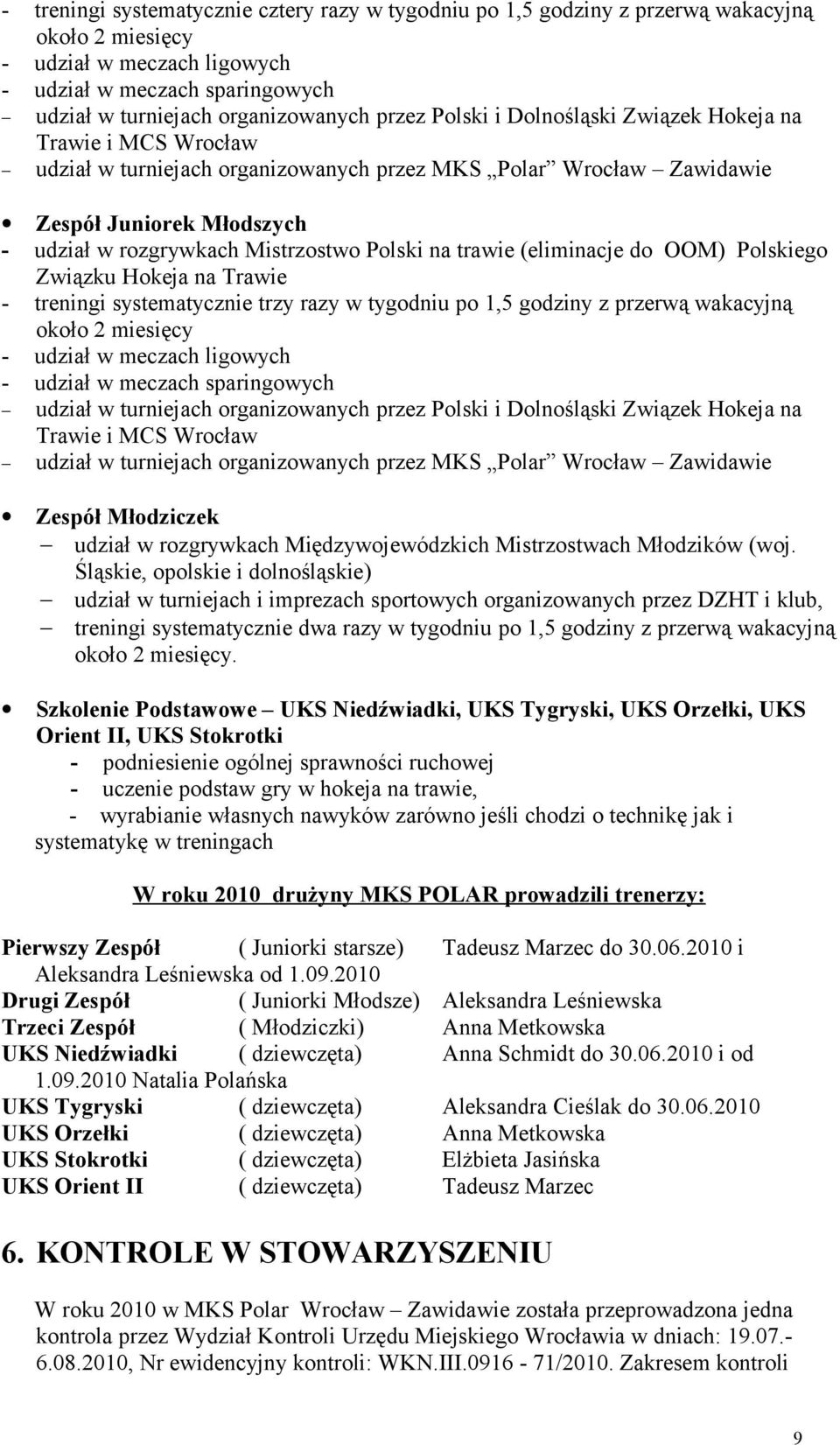 Polski na trawie (eliminacje do OOM) Polskiego Związku Hokeja na Trawie - treningi systematycznie trzy razy w tygodniu po 1,5 godziny z przerwą wakacyjną około 2 miesięcy - udział w meczach ligowych