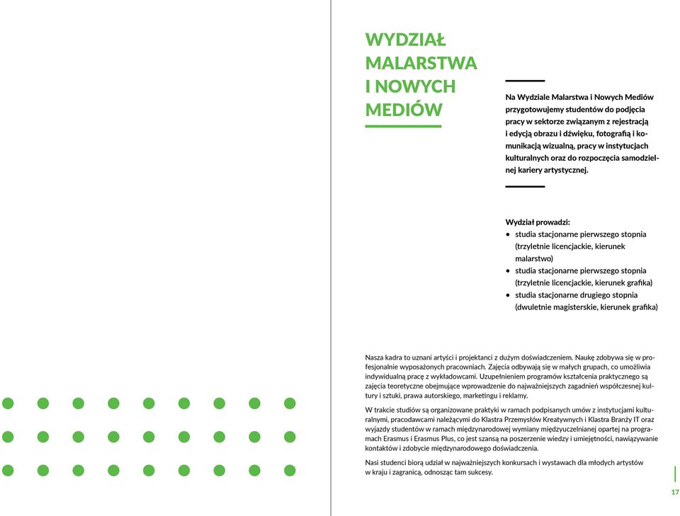 Wydział prowadzi: pierwszego stopnia (trzyletnie licencjackie, kierunek malarstwo) pierwszego stopnia (trzyletnie licencjackie, kierunek grafika) drugiego stopnia (dwuletnie magisterskie, kierunek