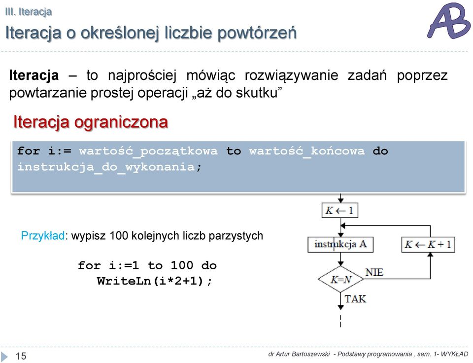 Iteracja ograniczona for i:= wartość_początkowa to wartość_końcowa do