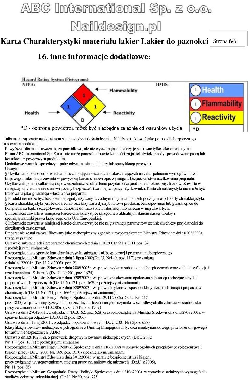 Firma ABC International Sp. Z o.o. nie może ponosić odpowiedzialności za jakiekolwiek szkody spowodowane pracą lub kontaktem z powyższym produktem.