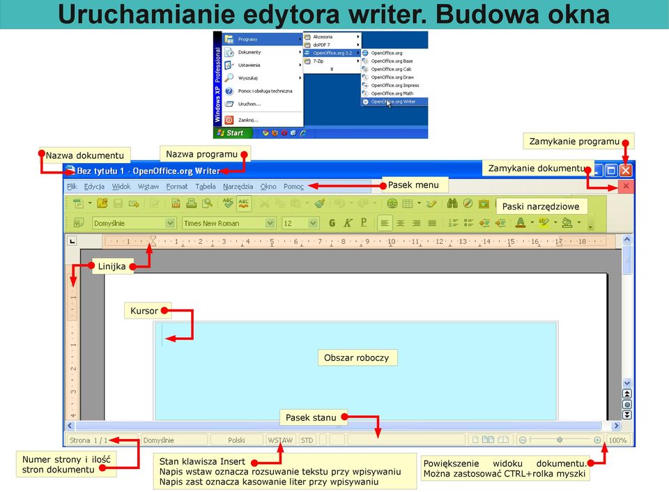 narzędziowe Linijka Kursor Obszar roboczy Pasek stanu Numer strony i ilość stron dokumentu Stan