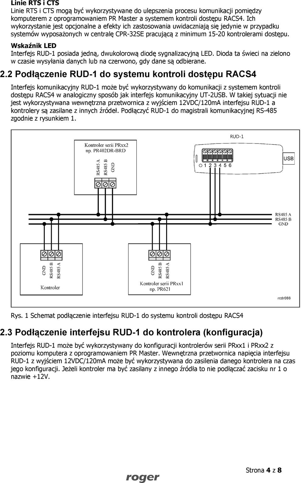 Wskaźnik LED Interfejs RUD-1 posiada jedną, dwukolorową diodę sygnalizacyjną LED. Dioda ta świeci na zielono w czasie wysyłania danych lub na czerwono, gdy dane są odbierane. 2.