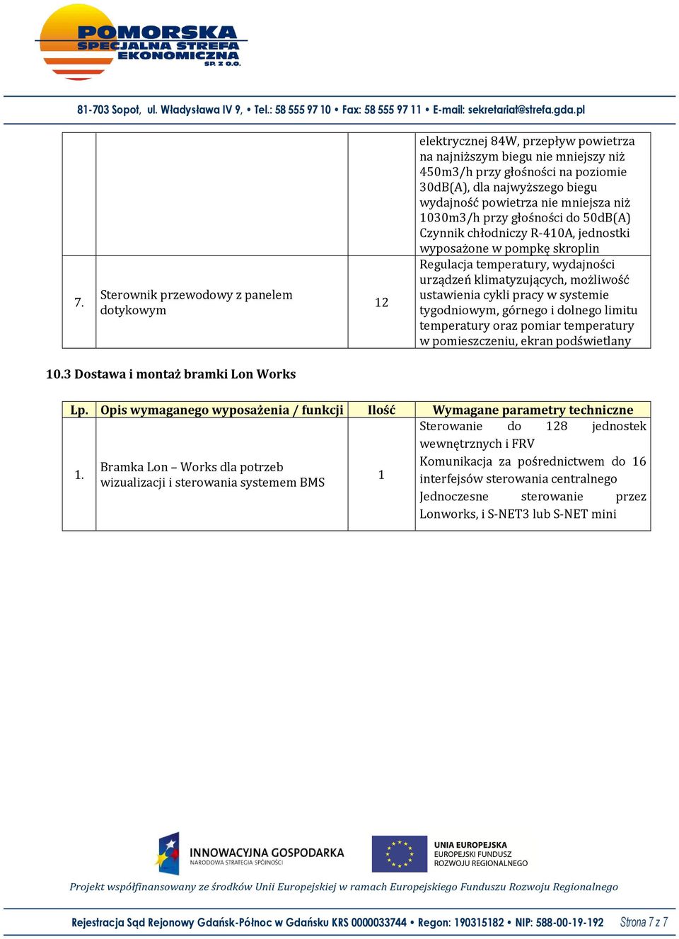 podświetlany 10.3 Dostawa i montaż bramki Lon Works Lp. Opis wymaganego wyposażenia / funkcji Ilość 1.