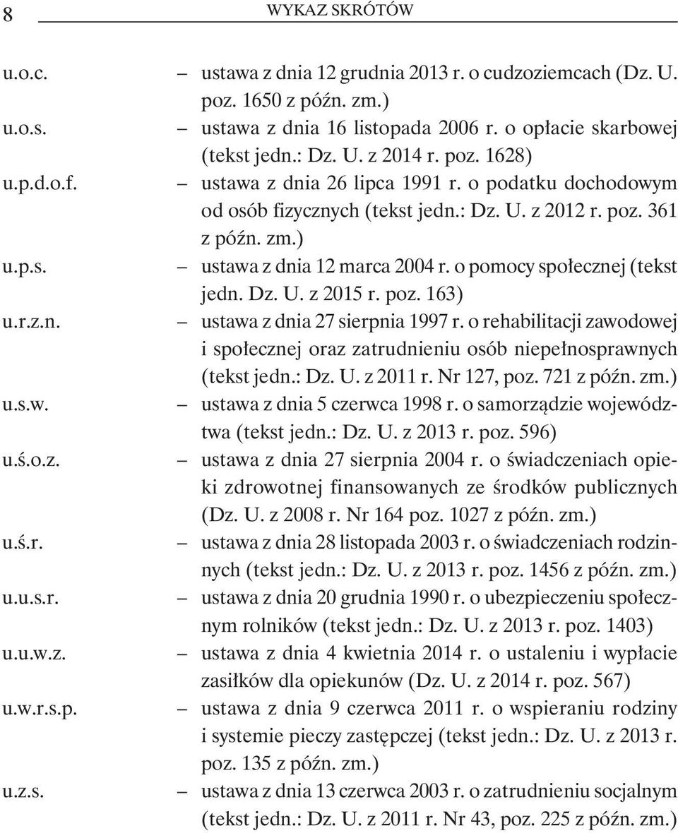 o pomocy społecznej (tekst jedn. Dz. U. z 2015 r. poz. 163) u.r.z.n. ustawa z dnia 27 sierpnia 1997 r. o rehabilitacji zawodowej i społecznej oraz zatrudnieniu osób niepełnosprawnych (tekst jedn.: Dz.