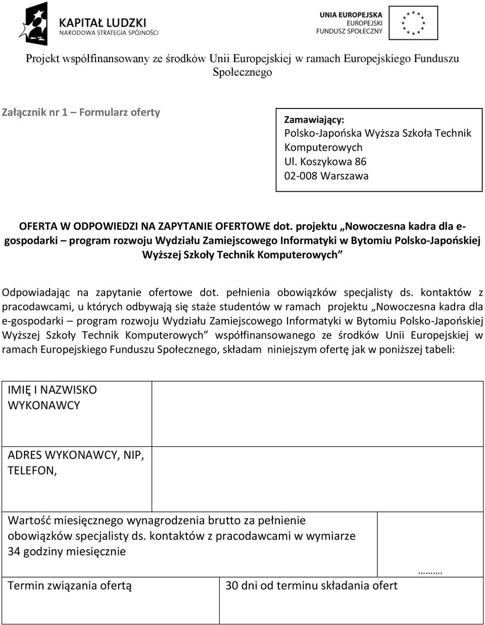 pełnienia obowiązków specjalisty ds.