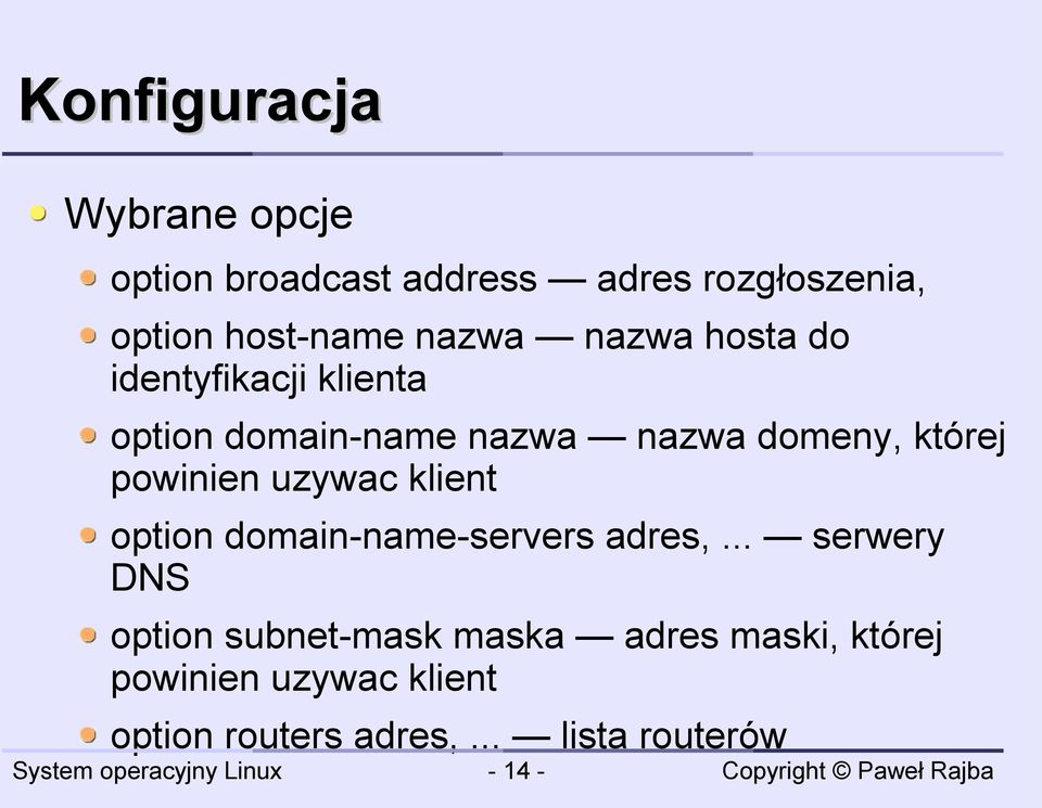 powinien uzywac klient option domain-name-servers adres,.