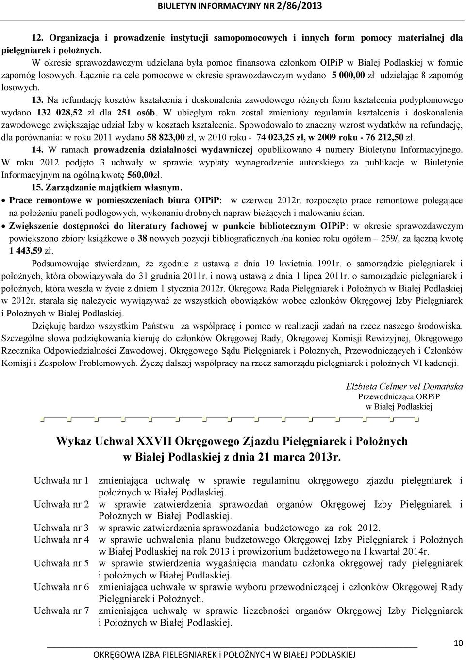 Łącznie na cele pomocowe w okresie sprawozdawczym wydano 5 000,00 zł udzielając 8 zapomóg losowych. 13.