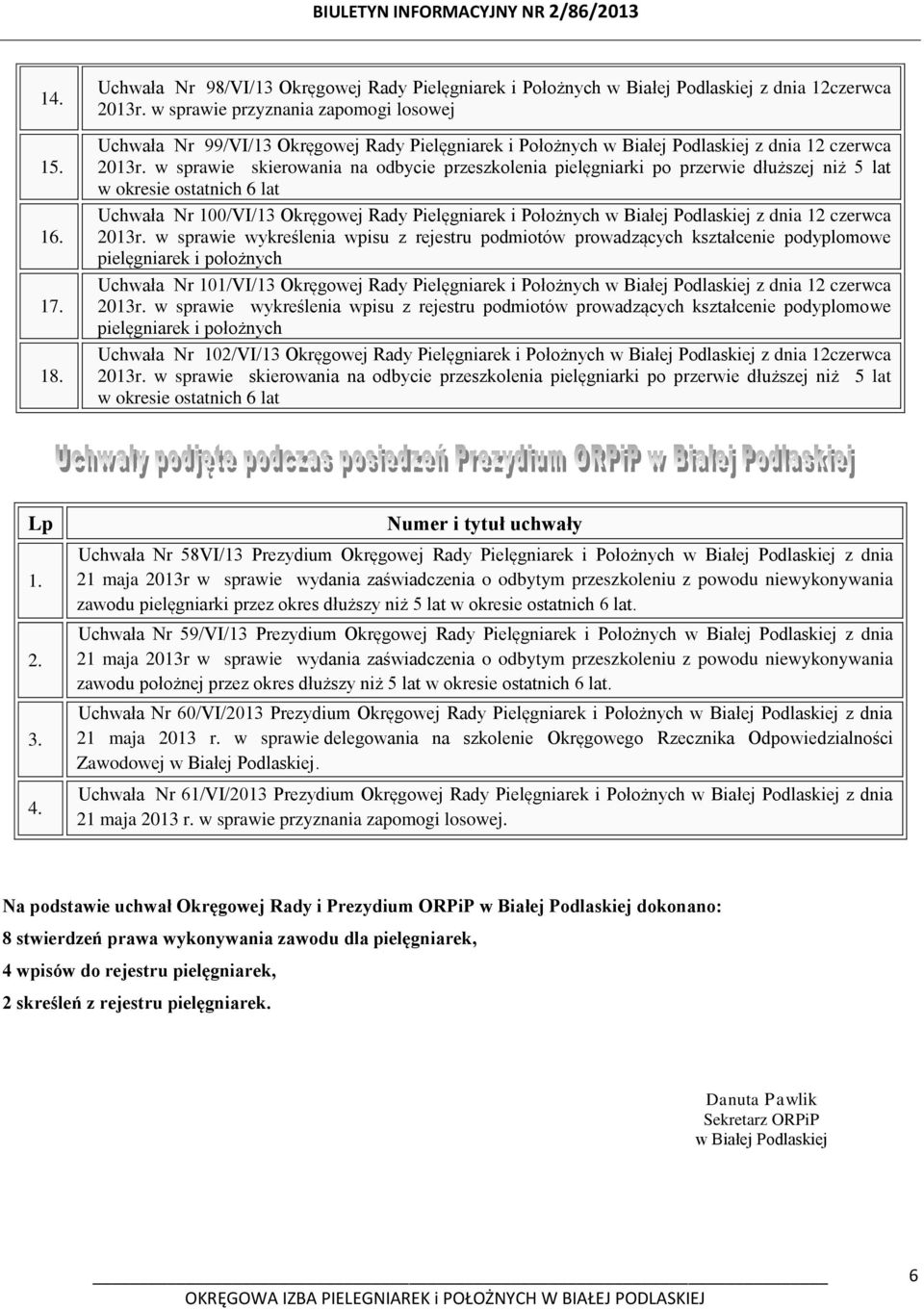 w sprawie skierowania na odbycie przeszkolenia pielęgniarki po przerwie dłuższej niż 5 lat w okresie ostatnich 6 lat Uchwała Nr 100/VI/13 Okręgowej Rady Pielęgniarek i Położnych w Białej Podlaskiej z