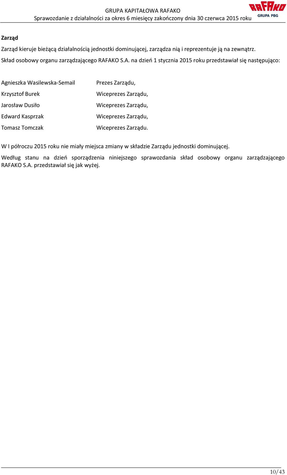 Prezes Zarządu, Wiceprezes Zarządu, Wiceprezes Zarządu, Wiceprezes Zarządu, Wiceprezes Zarządu.