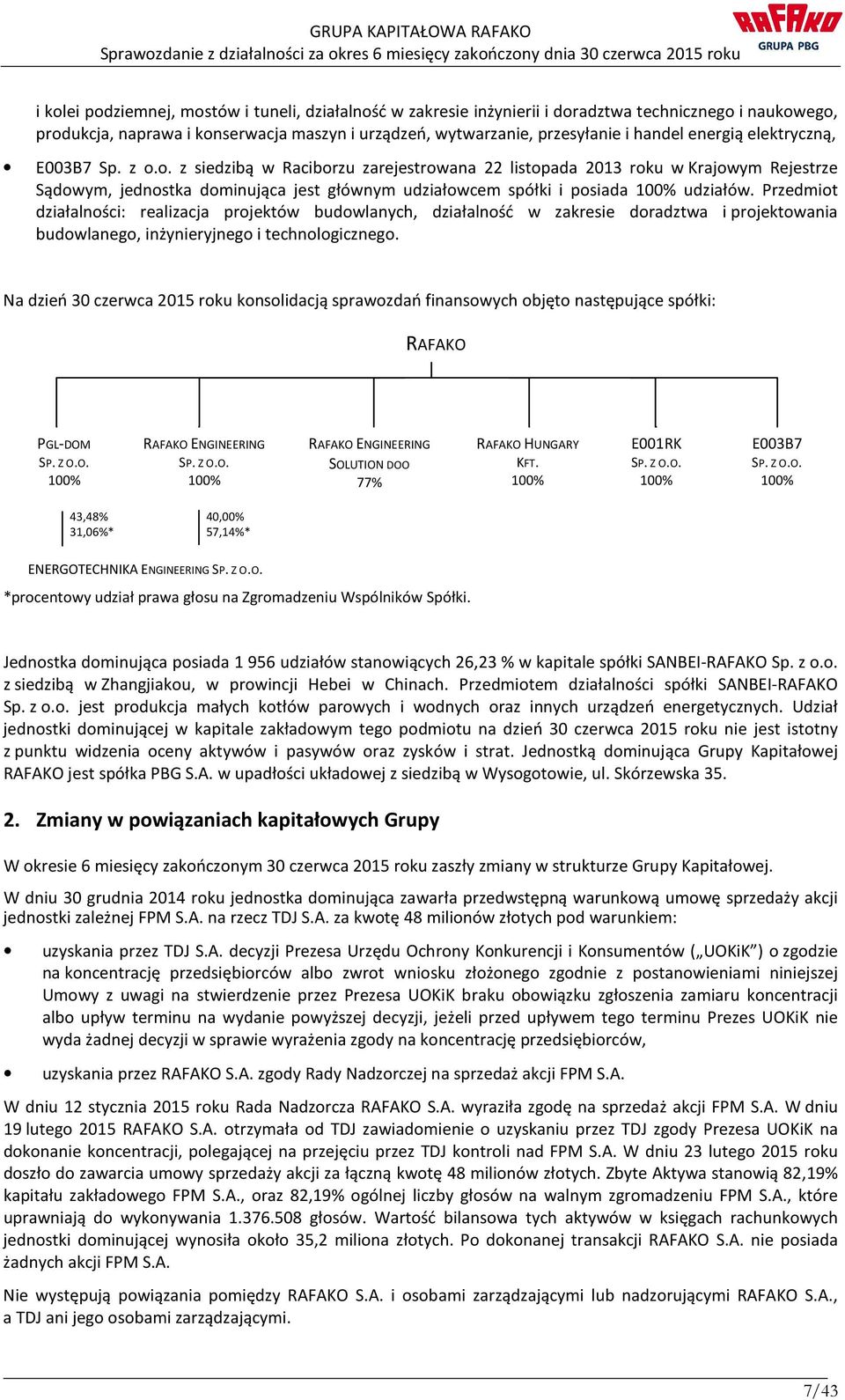 o. z siedzibą w Raciborzu zarejestrowana 22 listopada 2013 roku w Krajowym Rejestrze Sądowym, jednostka dominująca jest głównym udziałowcem spółki i posiada 100% udziałów.