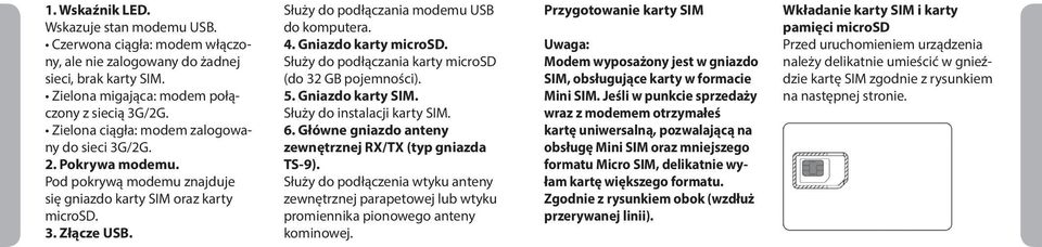4. Gniazdo karty microsd. Służy do podłączania karty microsd (do 32 GB pojemności). 5. Gniazdo karty SIM. Służy do instalacji karty SIM. 6. Główne gniazdo anteny zewnętrznej RX/TX (typ gniazda TS-9).