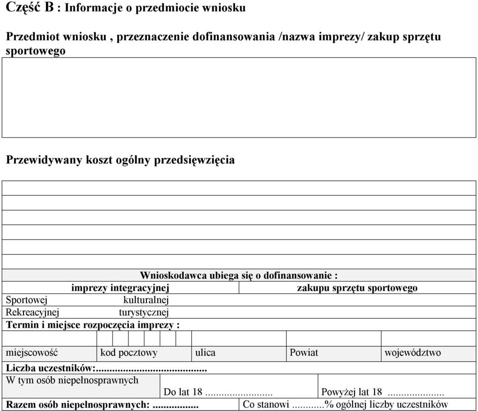 Sportowej kulturalnej Rekreacyjnej turystycznej Termin i miejsce rozpoczęcia imprezy : miejscowość kod pocztowy ulica Powiat województwo