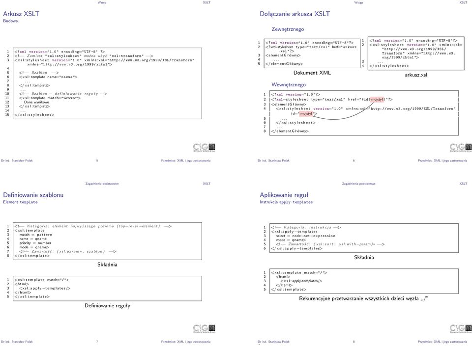 .. 10 <! S z a b l o n d e f i n i o w a n i e r e g u ł y > 11 <x s l : template match="wzorzec"> 12 Dane wynikowe 13 </ x s l : template> 1.