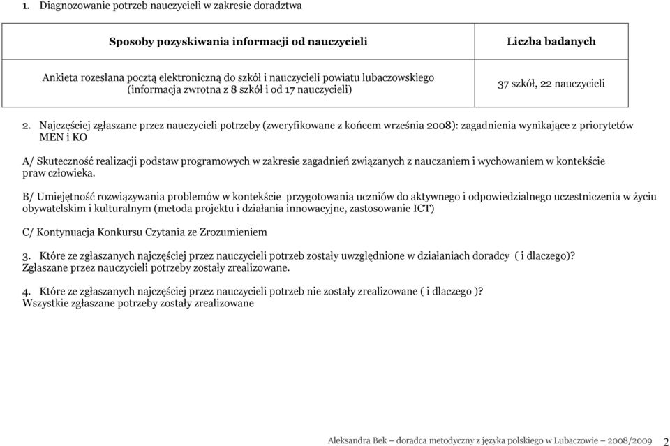 Najczęściej zgłaszane przez nauczycieli potrzeby (zweryfikowane z końcem września 2008): zagadnienia wynikające z priorytetów MEN i KO A/ Skuteczność realizacji podstaw programowych w zakresie