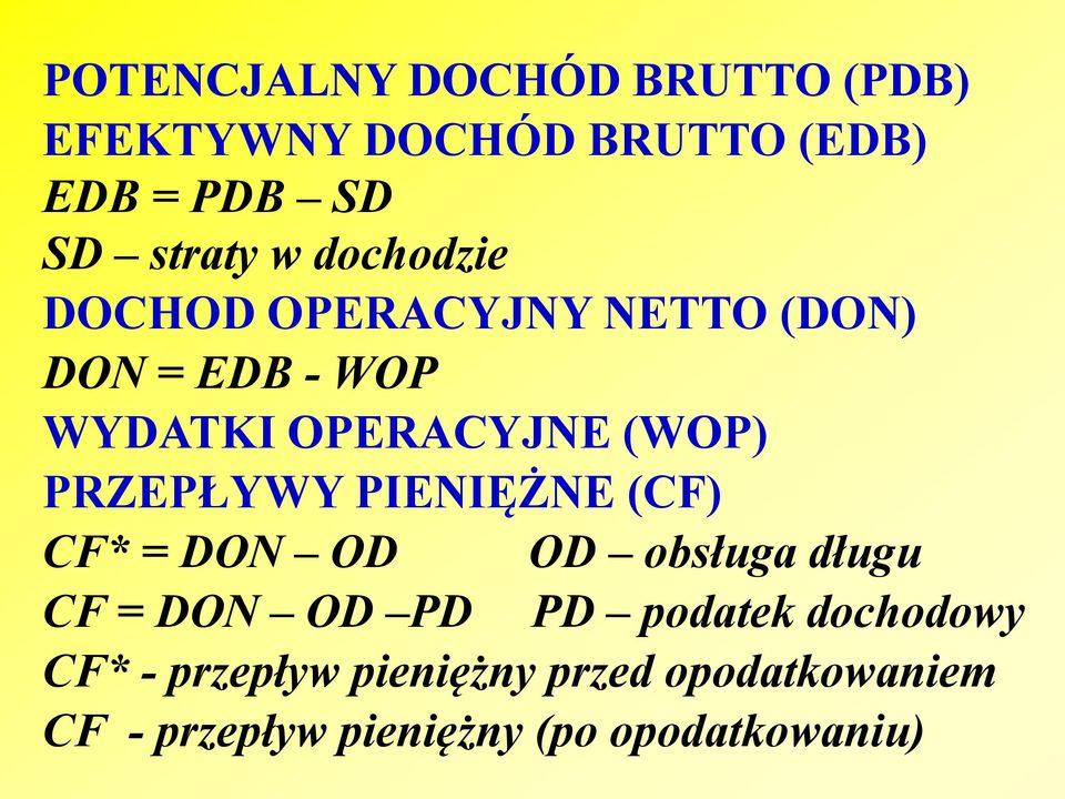 PRZEPŁYWY PIENIĘŻNE (CF) CF* = DON OD OD obsługa długu CF = DON OD PD PD podatek