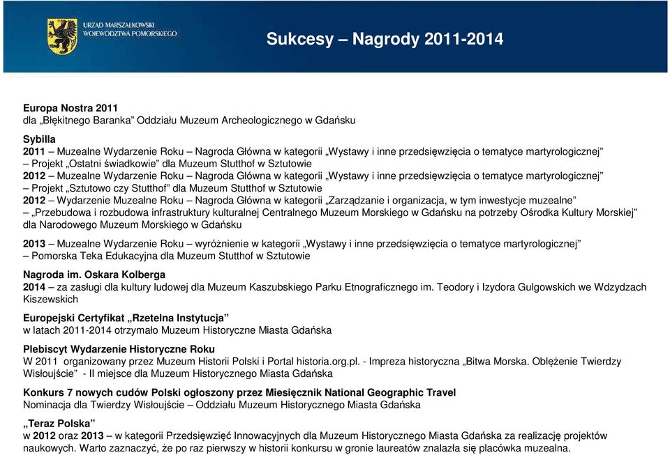 tematyce martyrologicznej Projekt Sztutowo czy Stutthof dla Muzeum Stutthof w Sztutowie 2012 Wydarzenie Muzealne Roku Nagroda Główna w kategorii Zarządzanie i organizacja, w tym inwestycje muzealne