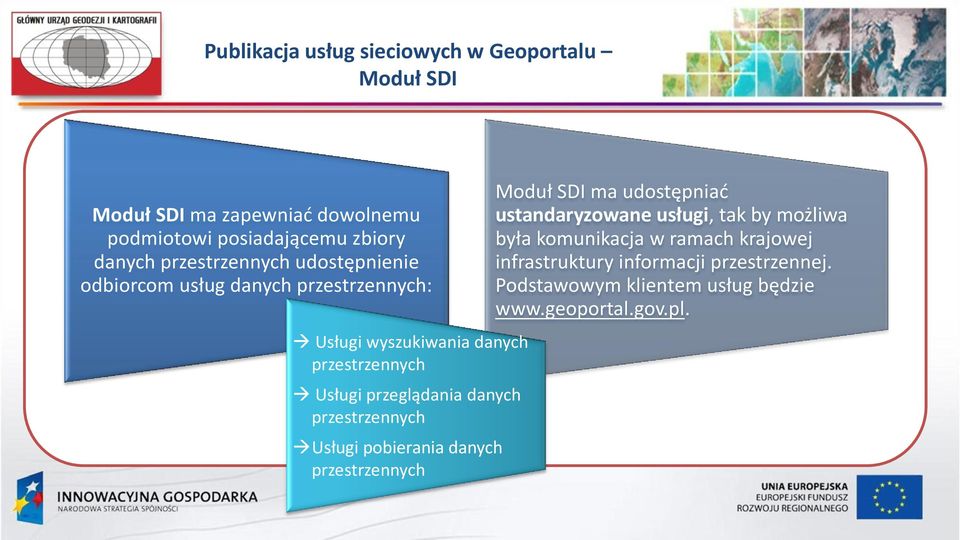 informacji przestrzennej. odbiorcom usług danych przestrzennych: Podstawowym klientem usług będzie Serwer bazy www.geoportal.gov.pl.