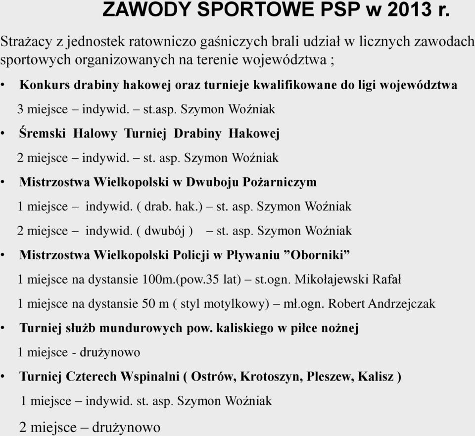 3 miejsce indywid. st.asp. Szymon Woźniak Śremski Halowy Turniej Drabiny Hakowej 2 miejsce indywid. st. asp. Szymon Woźniak Mistrzostwa Wielkopolski w Dwuboju Pożarniczym 1 miejsce indywid. ( drab.
