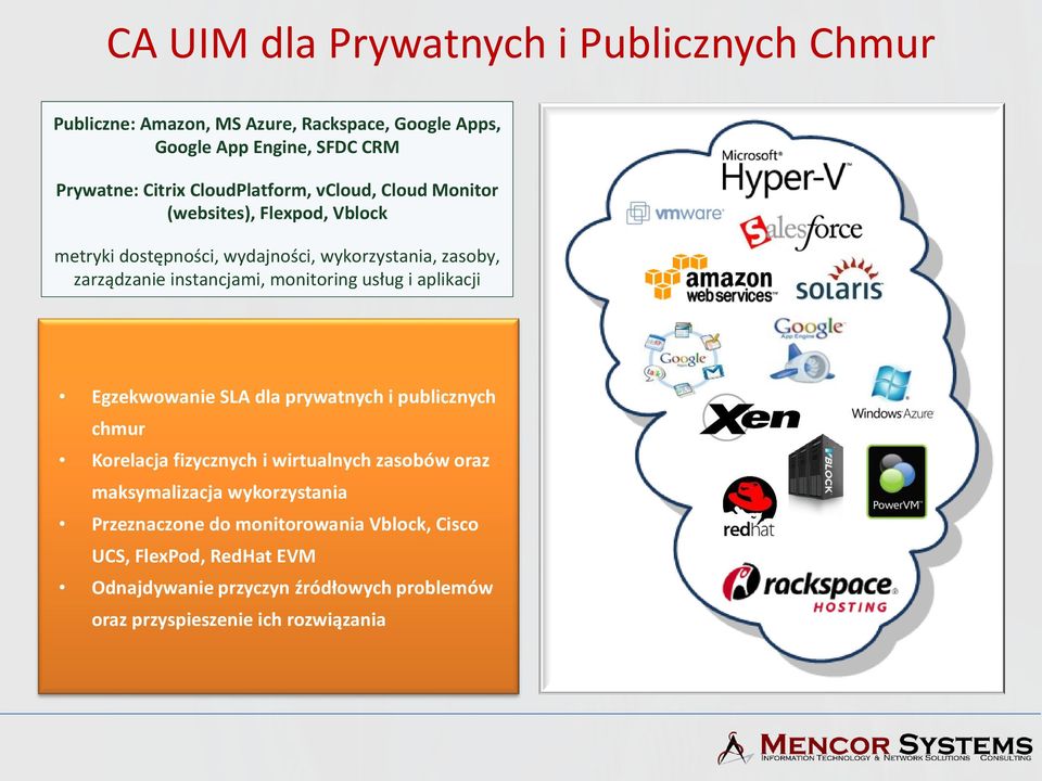 monitoring usług i aplikacji Egzekwowanie SLA dla prywatnych i publicznych chmur Korelacja fizycznych i wirtualnych zasobów oraz maksymalizacja
