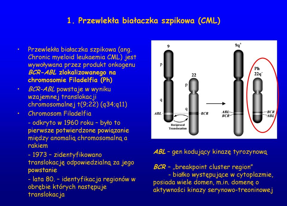 chromosomalnej t(9;22) (q34;q11) Chromosom Filadelfia - odkryto w 1960 roku było to pierwsze potwierdzone powiązanie między anomalią chromosomalną a rakiem - 1973 zidentyfikowano