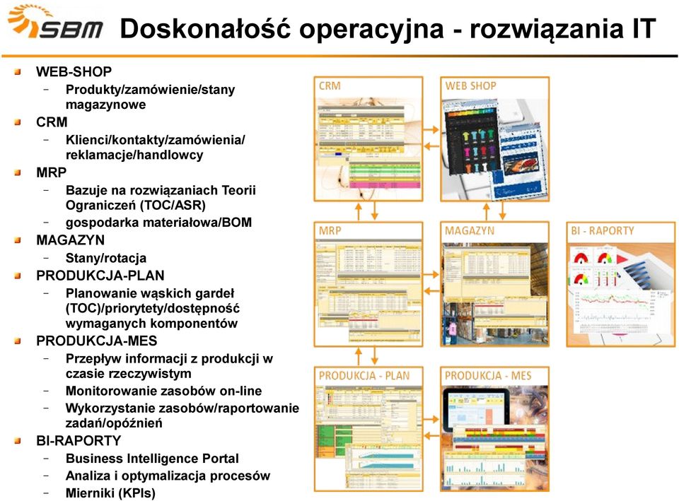 (TOC)/priorytety/dostępność wymaganych komponentów PRODUKCJA-MES Przepływ informacji z produkcji w czasie rzeczywistym Monitorowanie zasobów