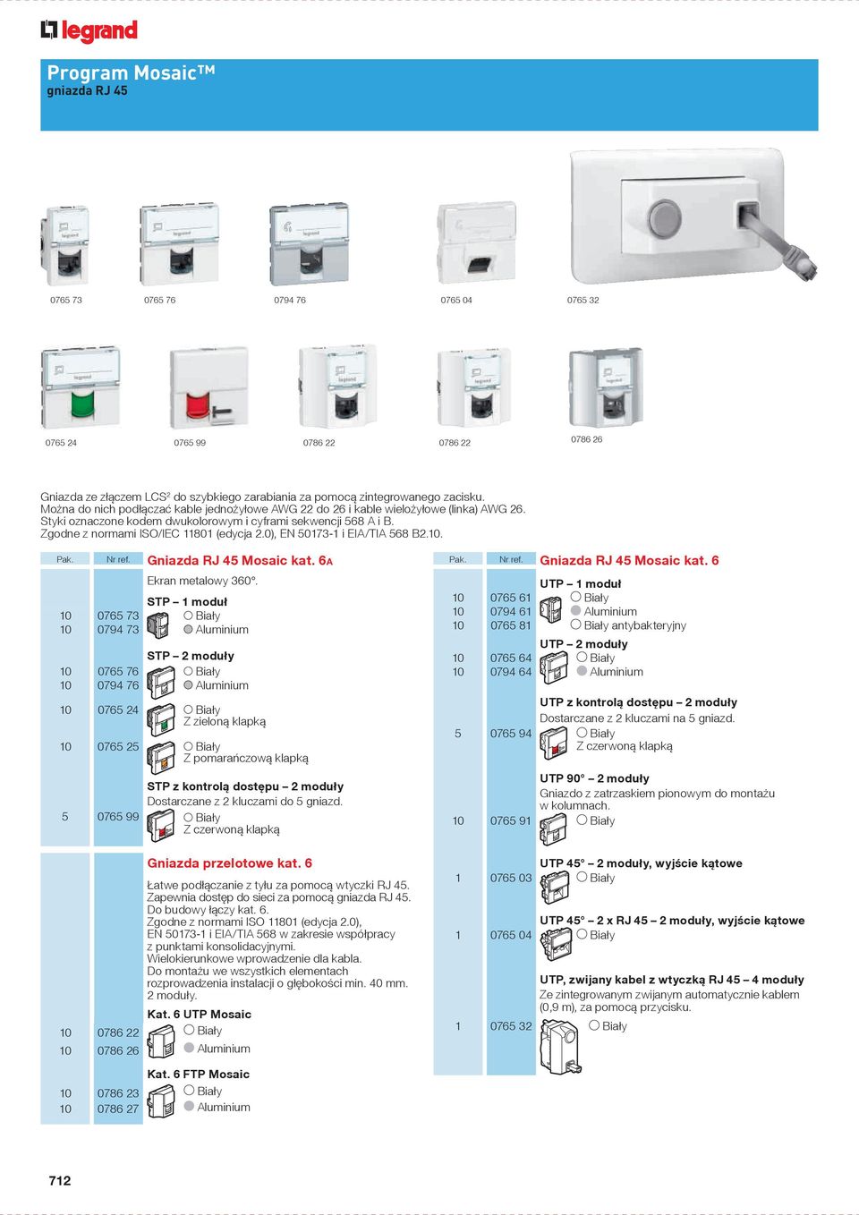 0), EN 5073- i EIA/TIA 568 B2.. Pak. Nr ref. Gniazda RJ 45 Mosaic kat. 6A Ekran metalowy 360.