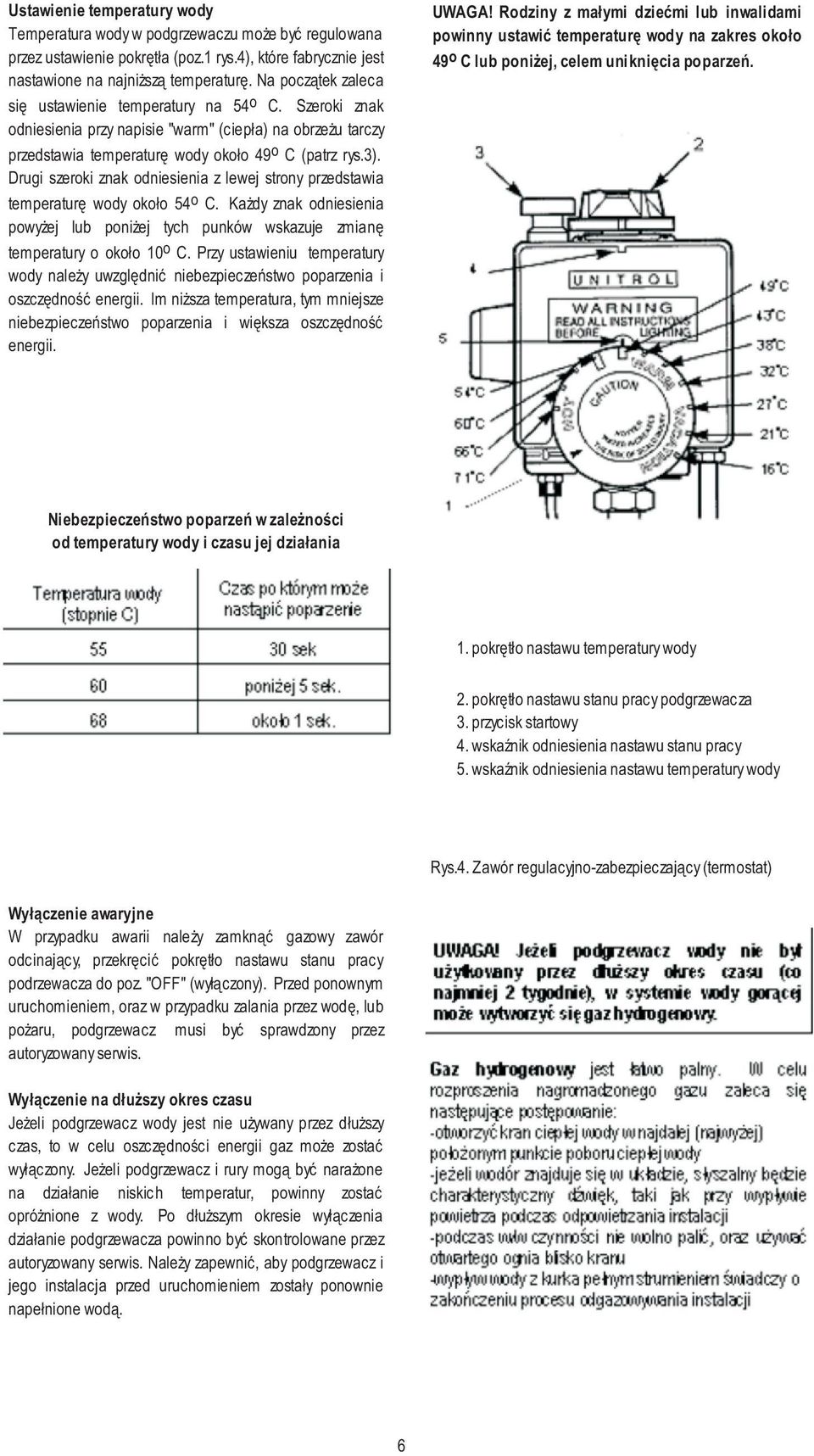 Drugi szeroki znak odniesienia z lewej strony przedstawia temperaturę wody około 54 o C. Każdy znak odniesienia powyżej lub poniżej tych punków wskazuje zmianę temperatury o około 10 o C.