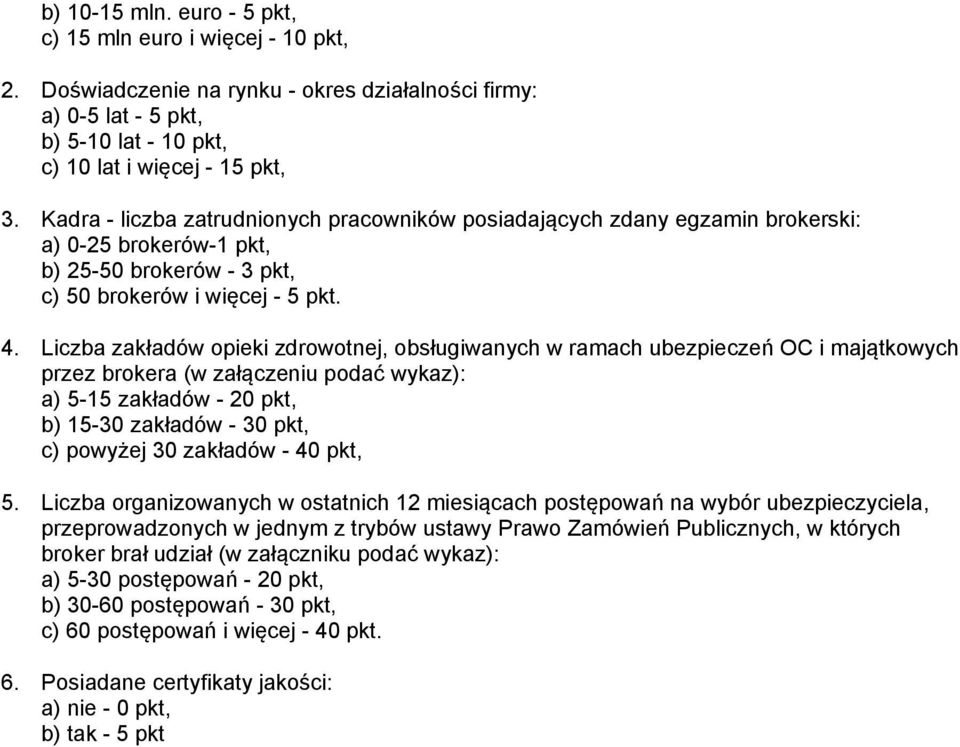 Liczba zakładów opieki zdrowotnej, obsługiwanych w ramach ubezpieczeń OC i majątkowych przez brokera (w załączeniu podać wykaz): a) 5-15 zakładów - 20 pkt, b) 15-30 zakładów - 30 pkt, c) powyżej 30