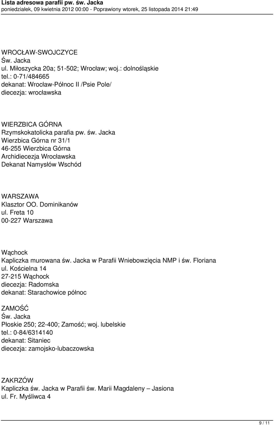 Jacka Wierzbica Górna nr 31/1 46-255 Wierzbica Górna Archidiecezja Wrocławska Dekanat Namysłów Wschód WARSZAWA Klasztor OO. Dominikanów ul.