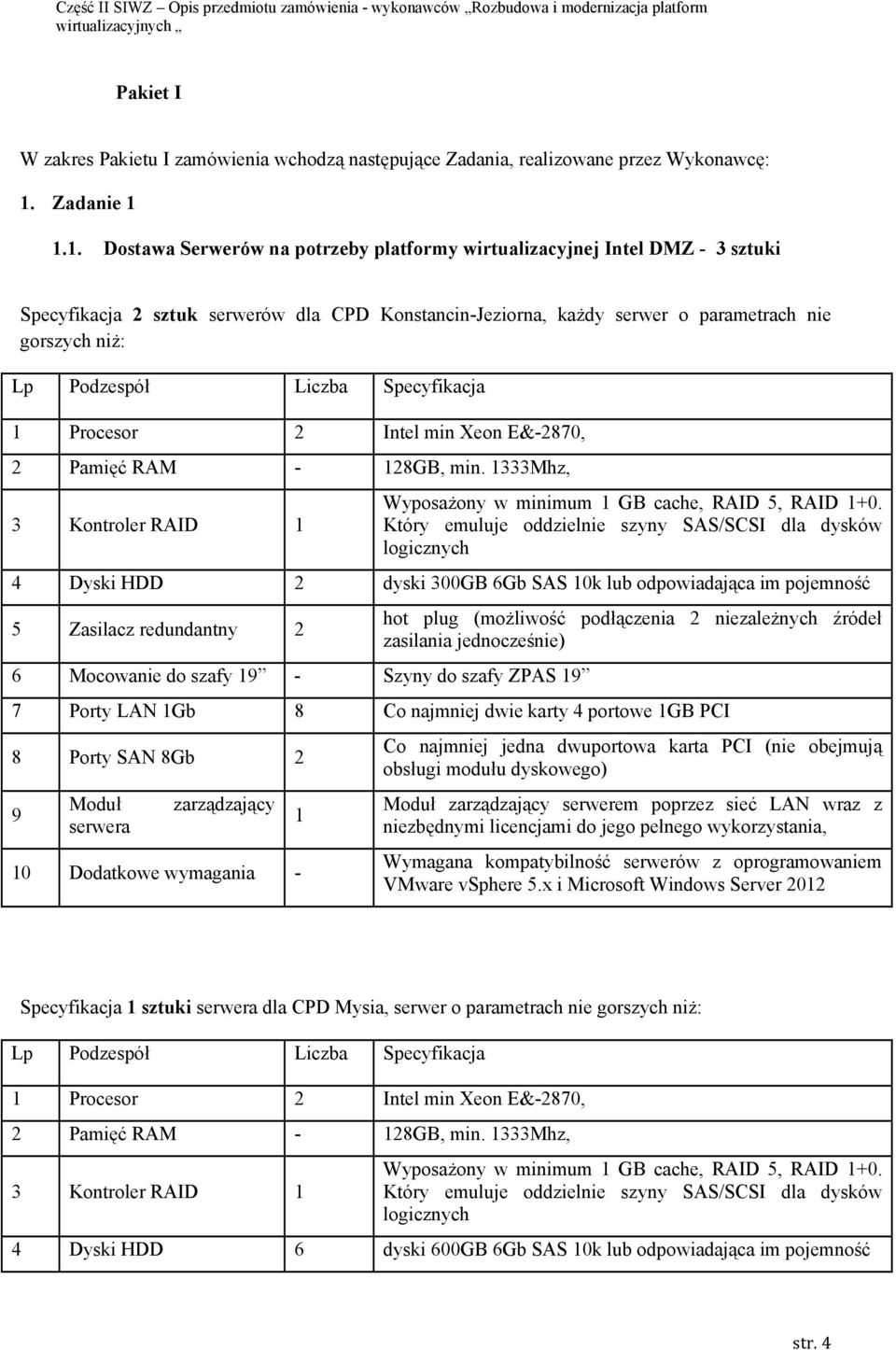 1.1. Dostawa Serwerów na potrzeby platformy wirtualizacyjnej Intel DMZ - 3 sztuki Specyfikacja 2 sztuk serwerów dla CPD Konstancin-Jeziorna, każdy serwer o parametrach nie gorszych niż: Lp Podzespół