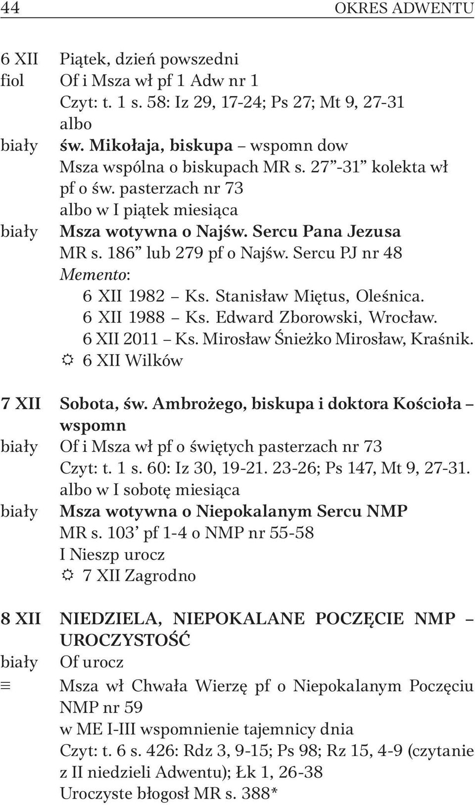 6 XII 1988 Ks. Edward Zborowski, Wrocław. 6 XII 2011 Ks. Mirosław Śnieżko Mirosław, Kraśnik. R 6 XII Wilków 7 XII Sobota, św.