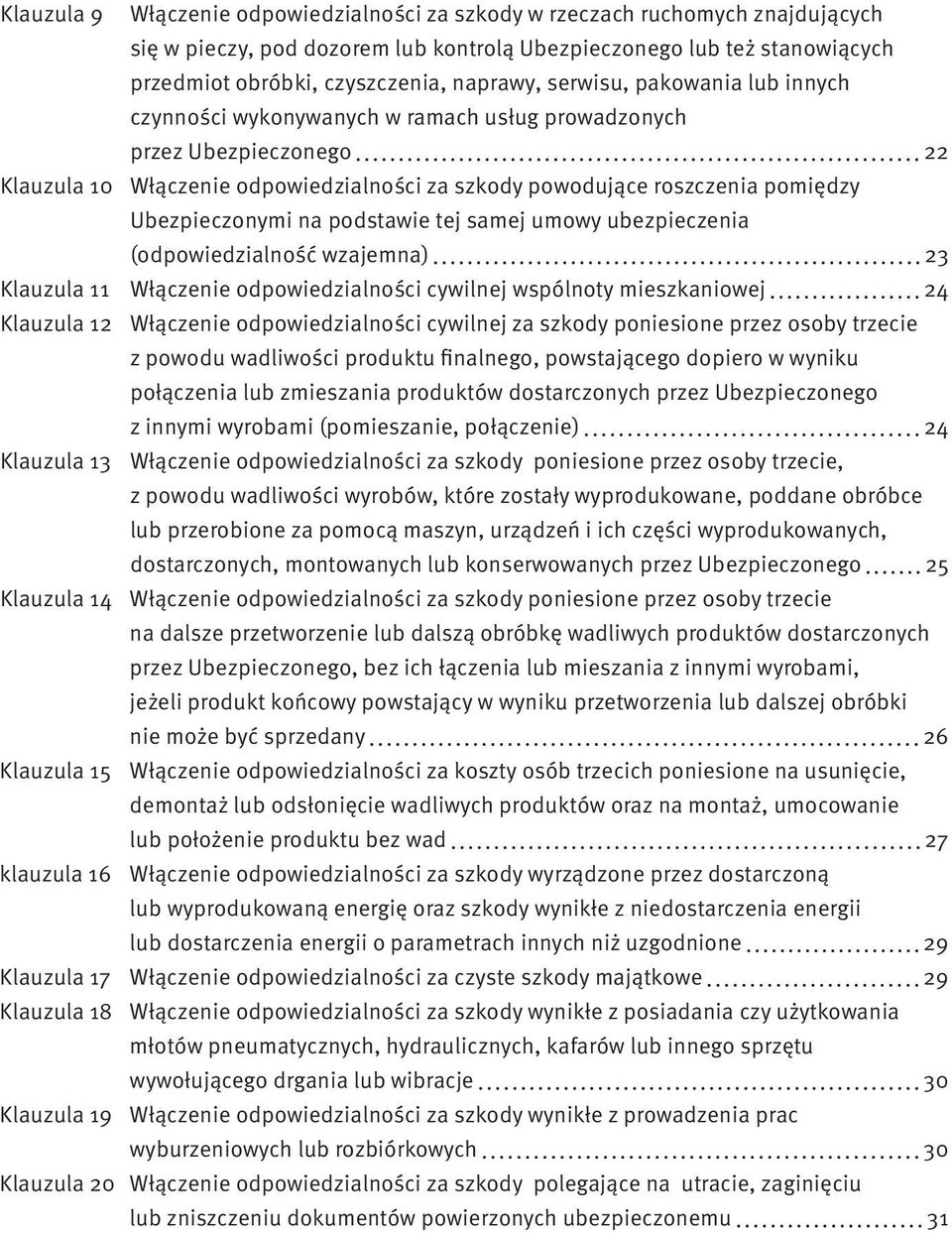 Ubezpieczonymi na podstawie tej samej umowy ubezpieczenia (odpowiedzialność wzajemna) 23 Klauzula 11 Włączenie odpowiedzialności cywilnej wspólnoty mieszkaniowej 24 Klauzula 12 Włączenie